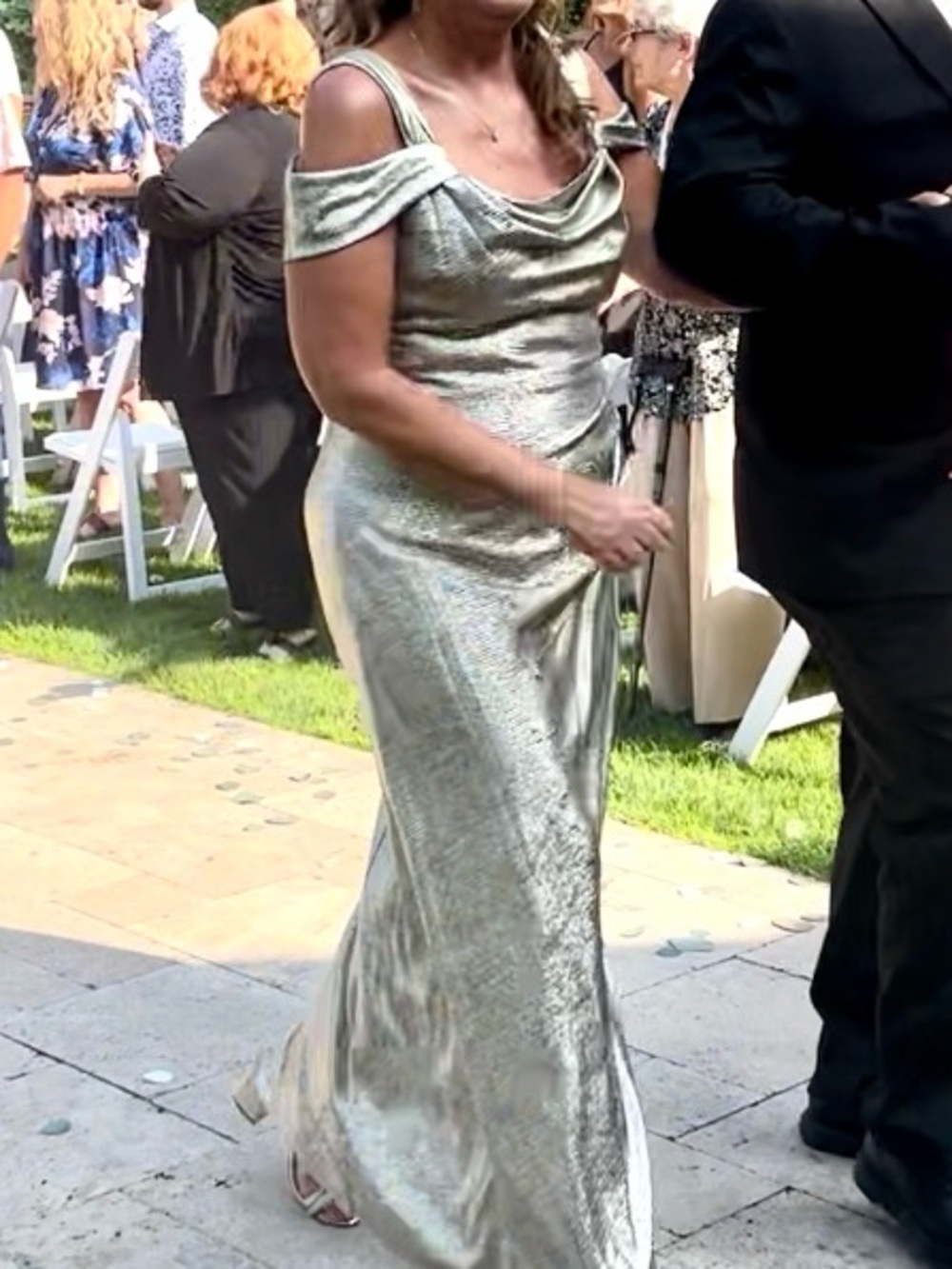 Alex Evenings Metallic Gold off the-Shoulder Draped Maxi Dress